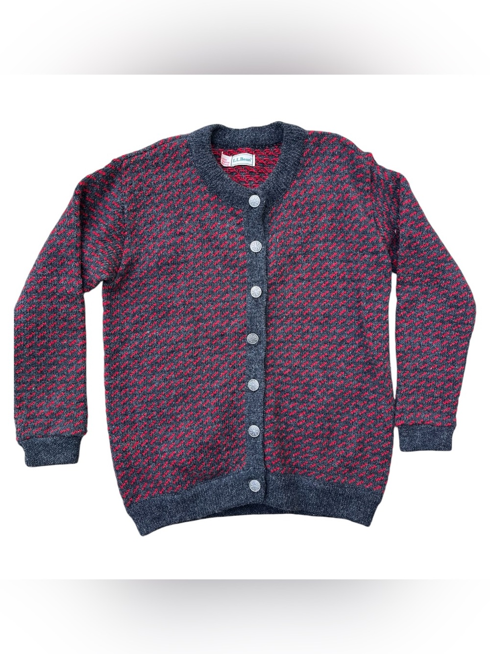 Vintage L.L. Bean Sweater Mens Large Gray  And Red Cardigan Norway Tight Knit